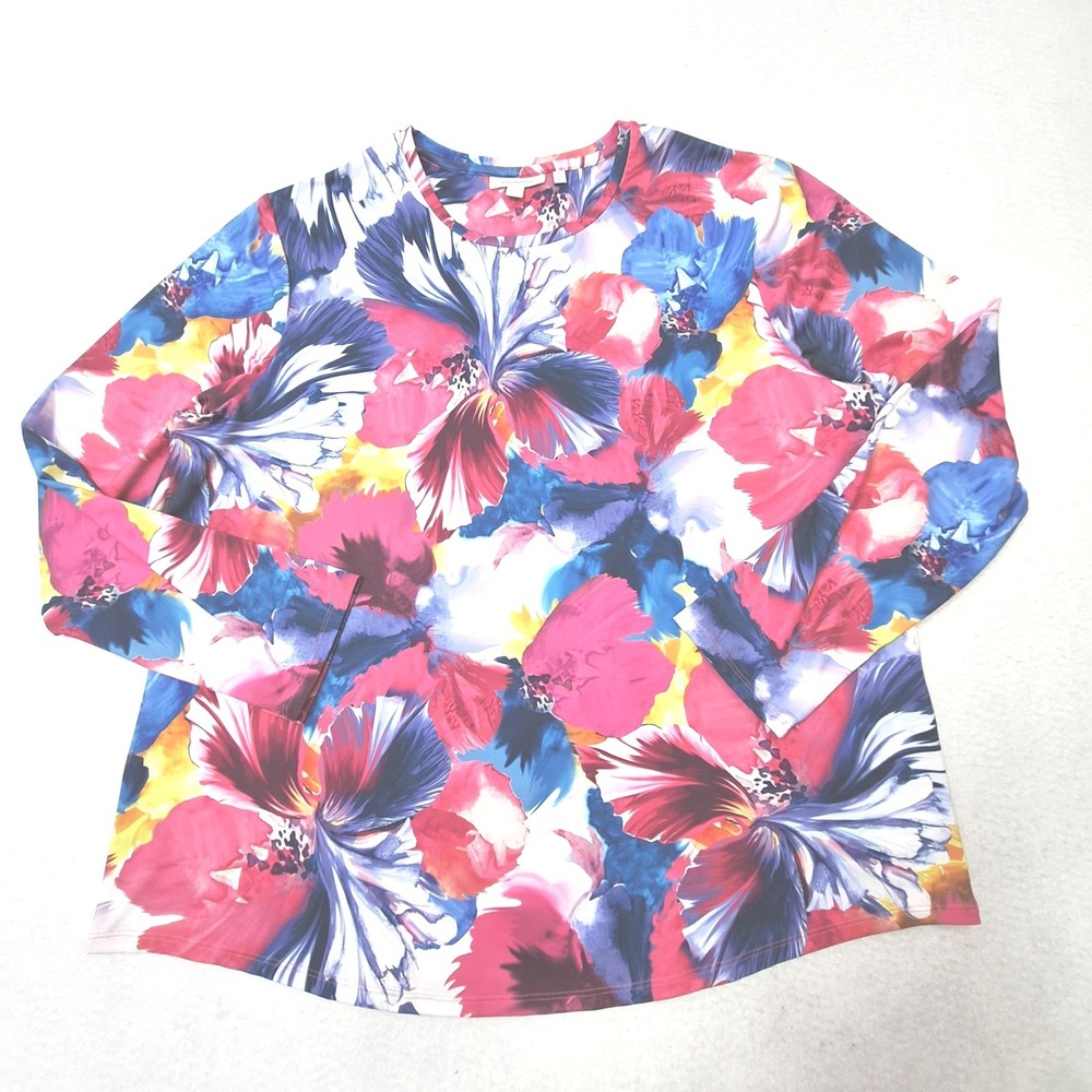 Chicos Floral Top Womens XL Pink Blue Long Sleeve Hibiscus Pullover Stretch